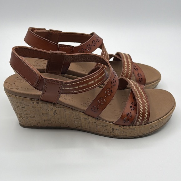 Cali From Sketcher Shoes - Skechers Beverlee Delicate Glow Luggage Brown Wedge Sandals Strappy Womens Sz 9